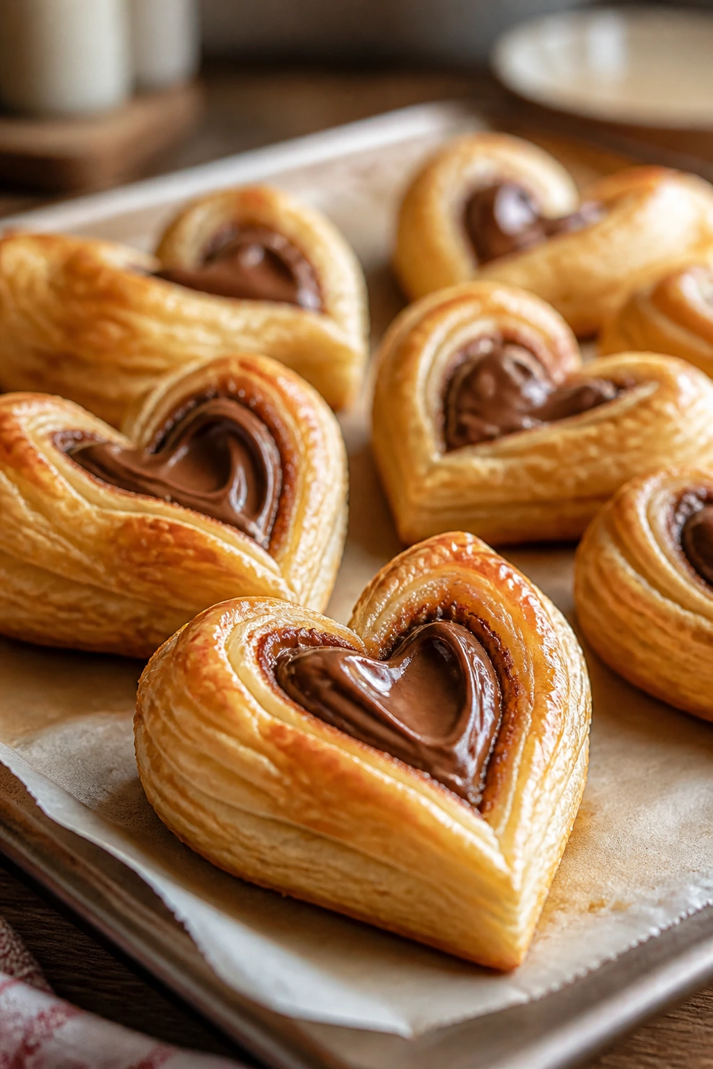 Close-up of Nutella puff pastry hearts on parchment in a warm kitchen