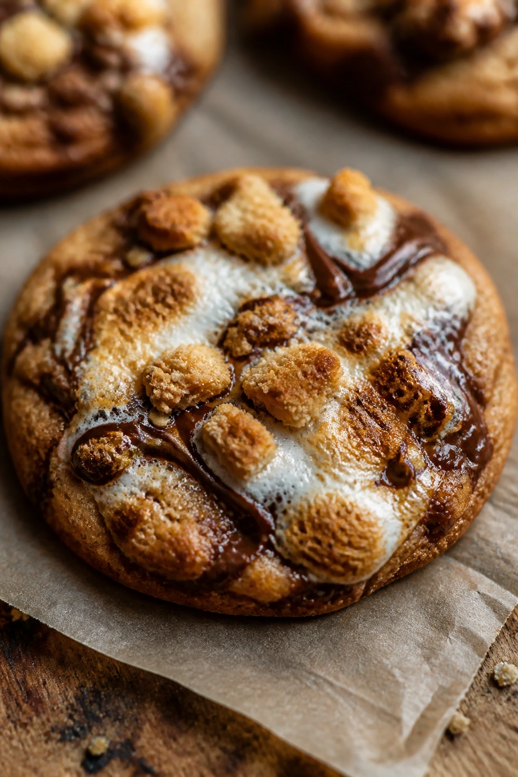 Close-up of Nutella s'mores cookie with marshmallow and graham crumb topping