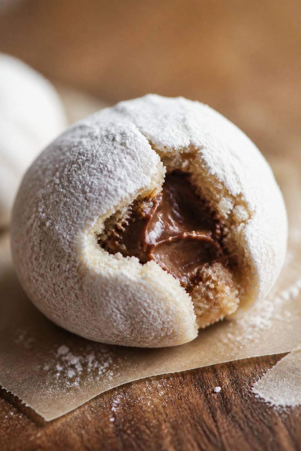 Powdered sugar snowball cookie with hazelnut center.