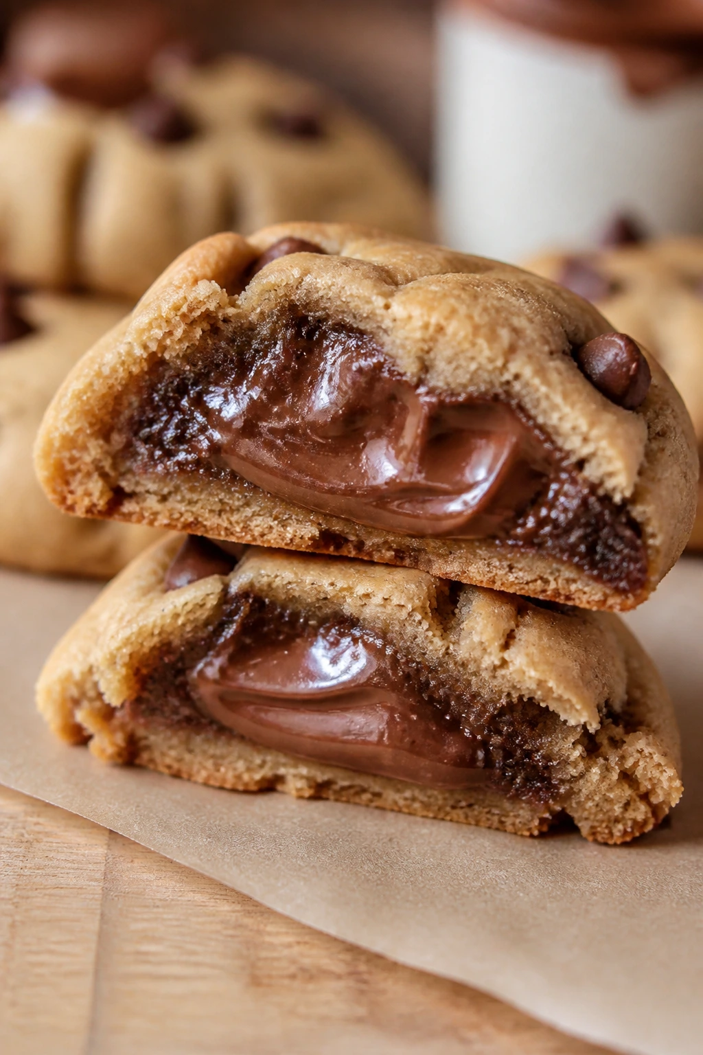 Cross-section of stuffed Nutella cookie showing gooey center