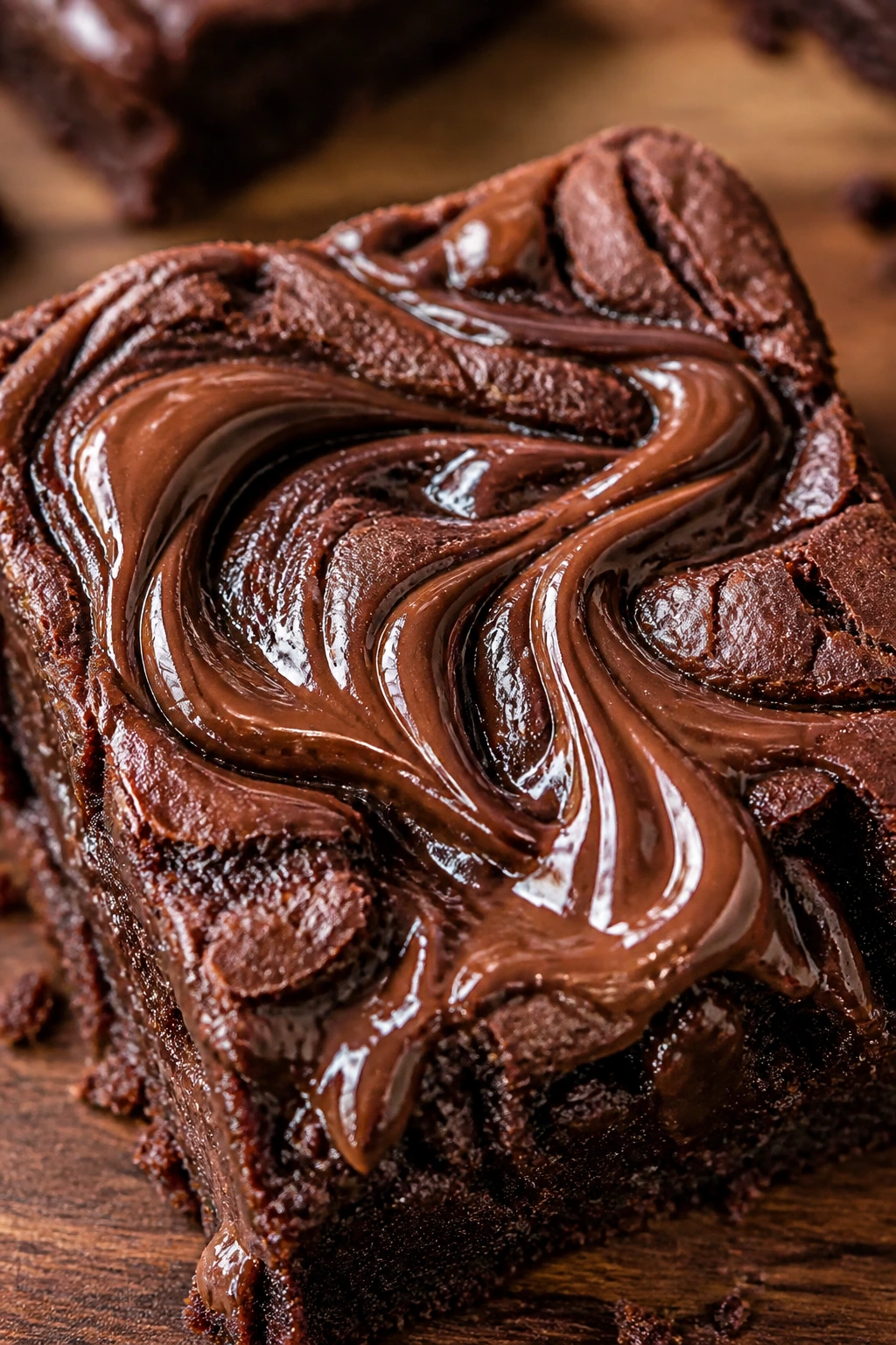 Close-up of Nutella Swirl Brownie with glossy Nutella ribbons