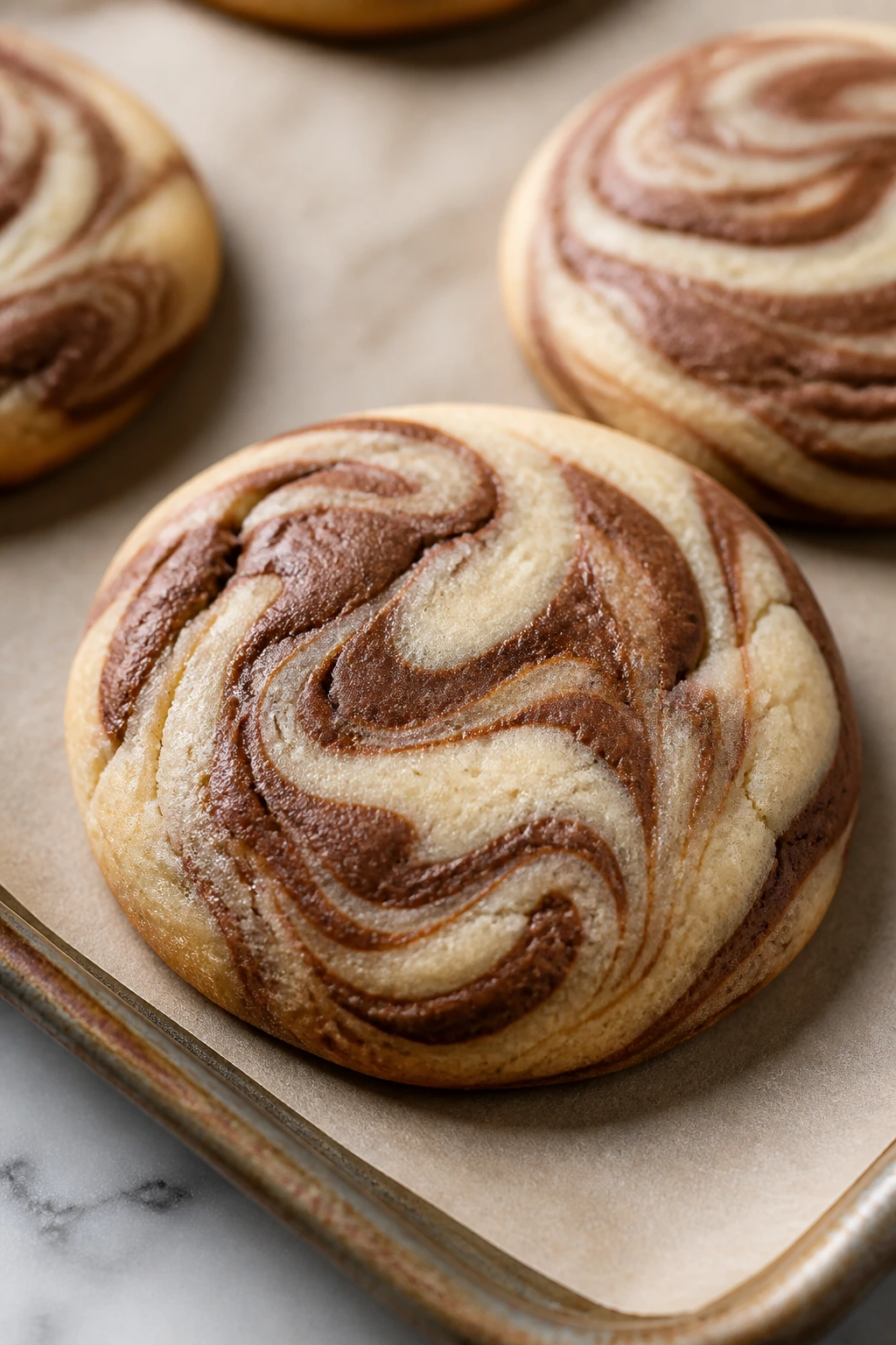 Close-up of Nutella swirled sugar cookie with vanilla base and chocolate hazelnut marbling