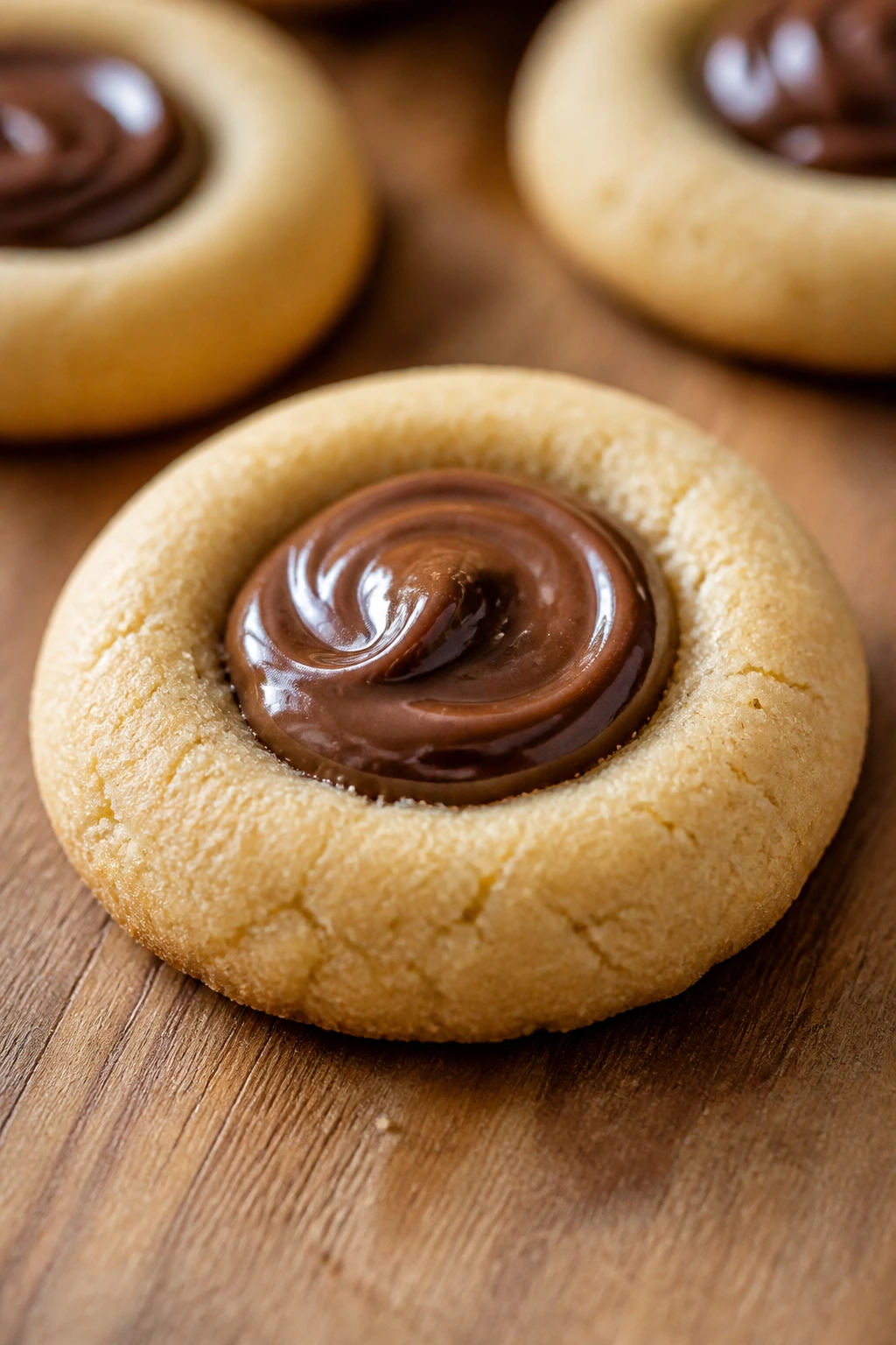 Thumbprint cookie with Nutella filling in indentation on wood surface