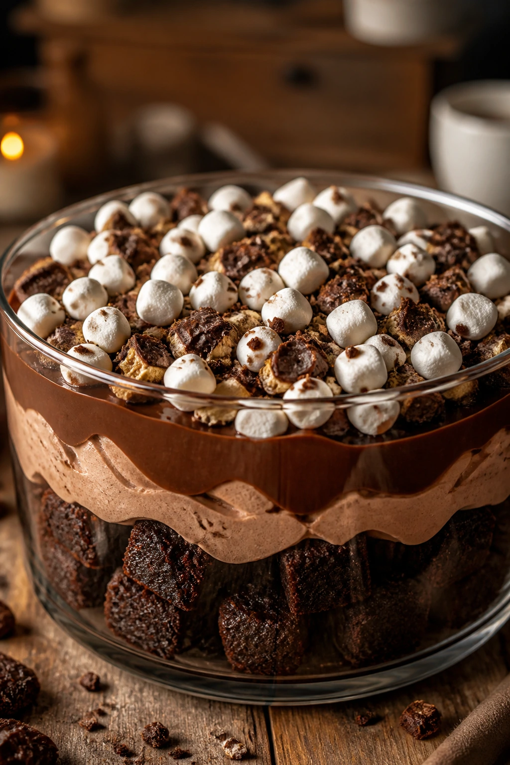Close-up of Nutella Marshmallow Night Sky Trifle in a glass bowl with brownie base, Nutella cream, and marshmallows.
