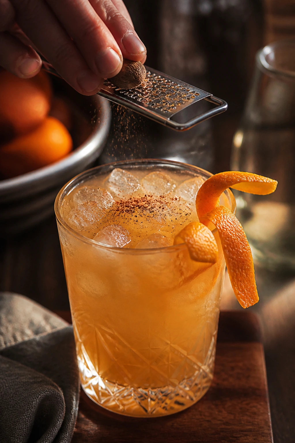 Nutmeg being grated over a rum punch glass with orange twist