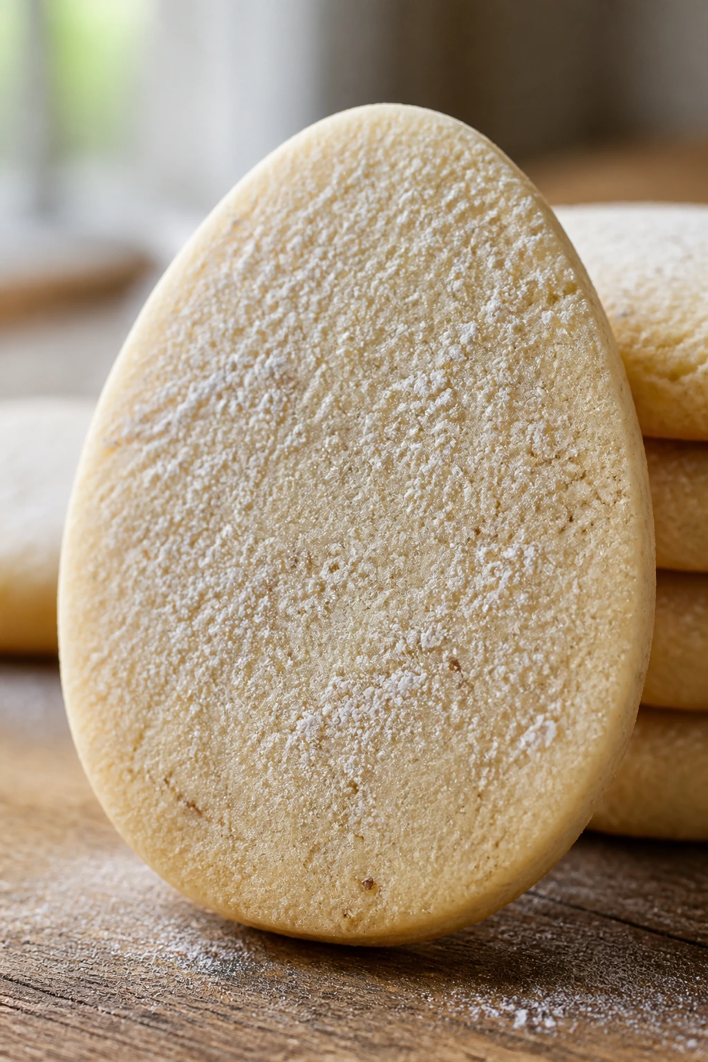 Close-up of nutmeg shortbread Easter egg cookie on wood surface