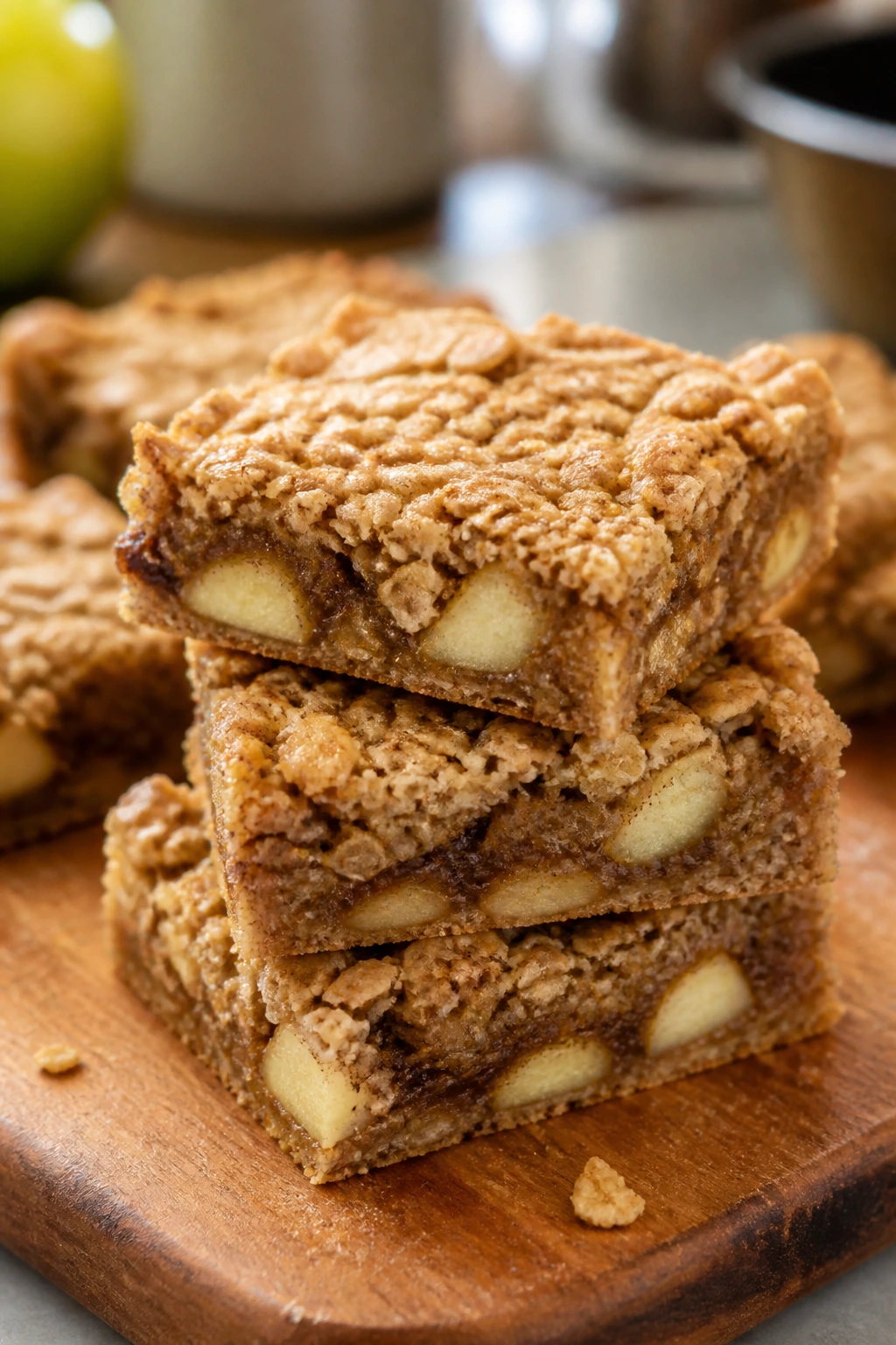 Chewy apple cinnamon oat bars on wooden board in bright kitchen