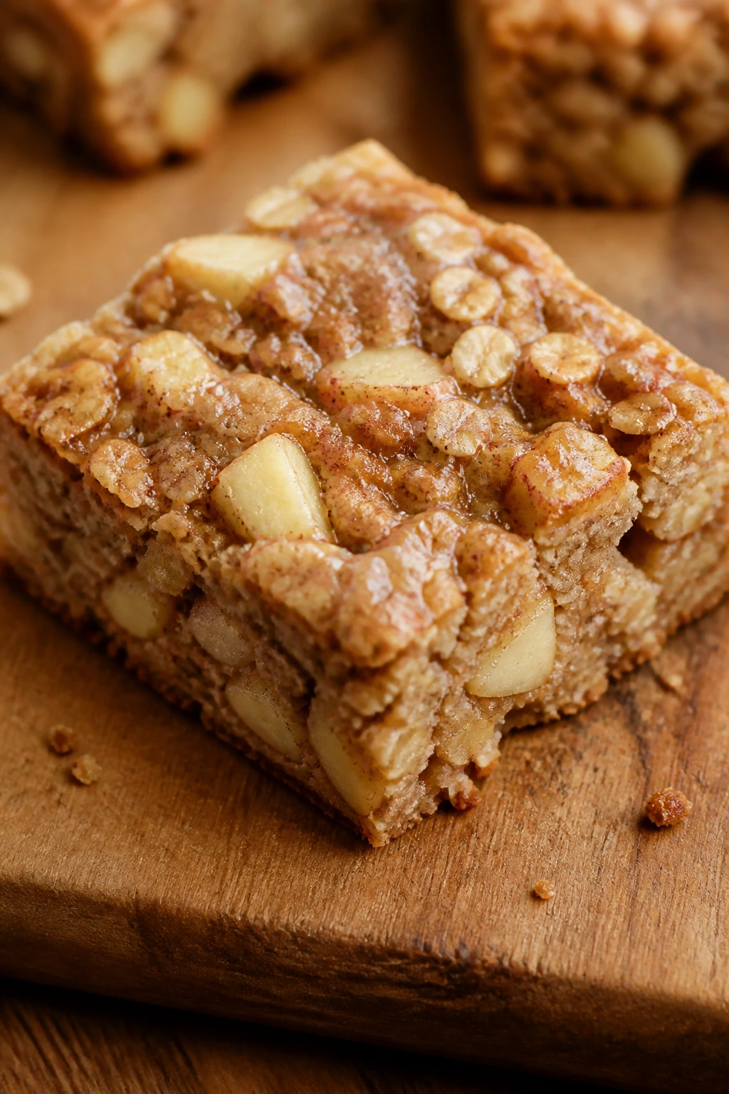 Single apple cinnamon oat bar on cutting board