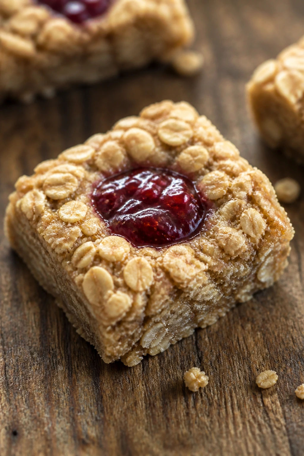 Close-up of jam thumbprint oat bar with jam center