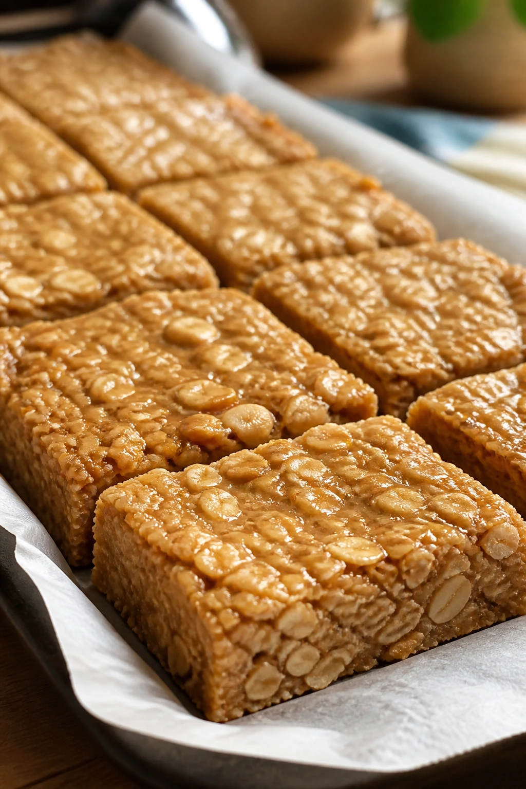 Close-up of no-bake peanut butter oat bars on parchment