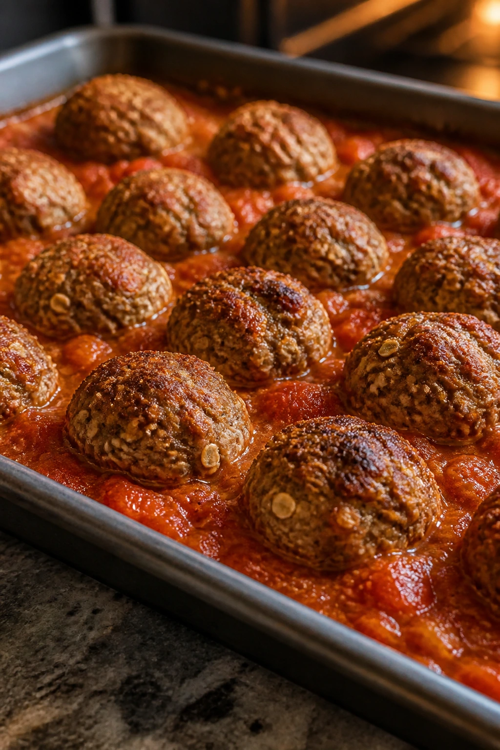 Close-up of Baked Oat-and-Beef Meatballs with Tomato Sauce on a baking sheet