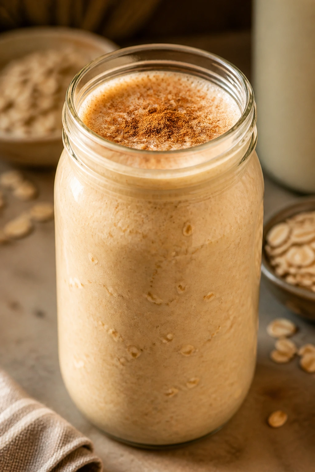 Thick cinnamon oat breakfast shake in a jar