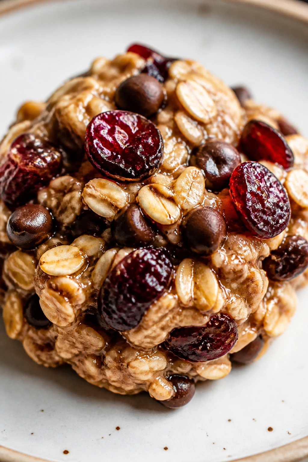 Close-up of a cherry chocolate oat cluster on a plate