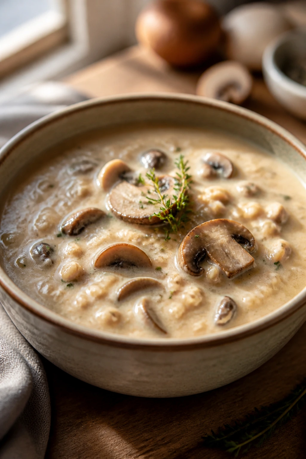 Close-up of oat-thickened mushroom chowder with mushrooms in a bowl.