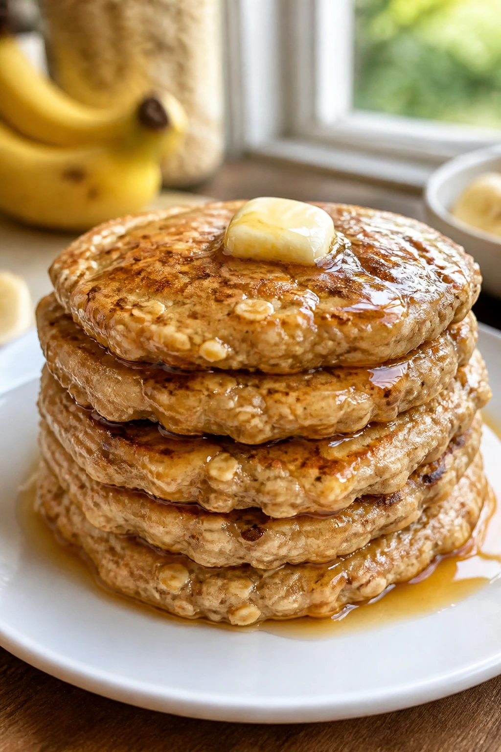 Stack of oatmeal banana pancakes on a plate