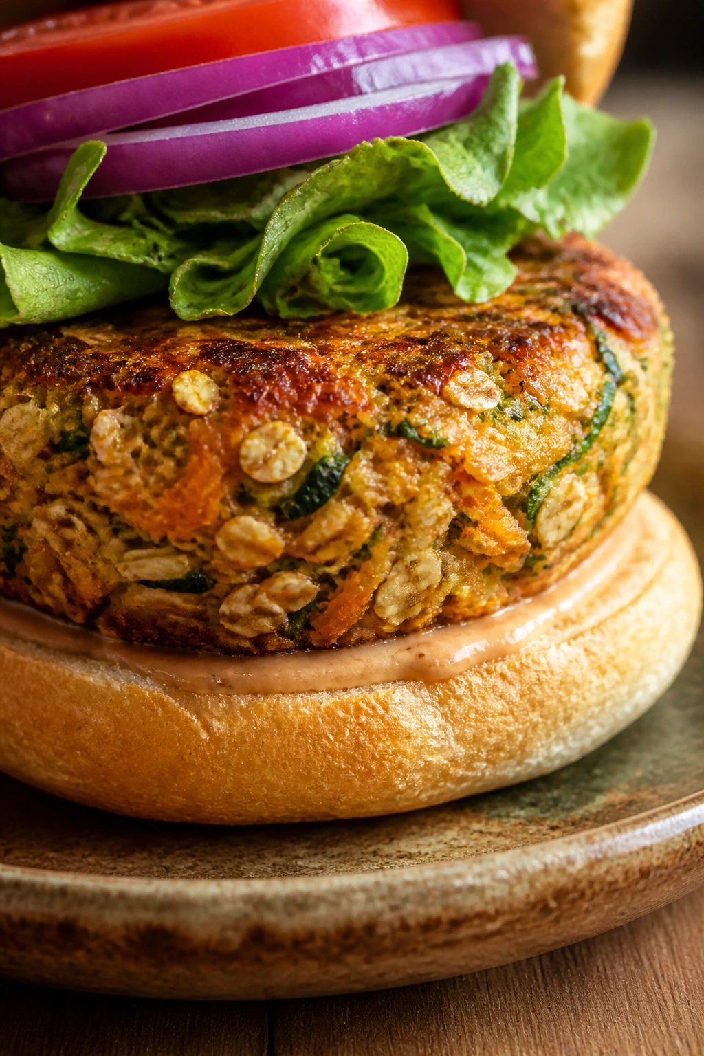 Close-up of Oat-Loaded Veggie Burger with carrots and zucchini