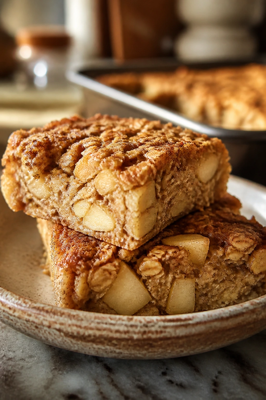 Close-up of apple cinnamon baked oatmeal squares on a rustic plate