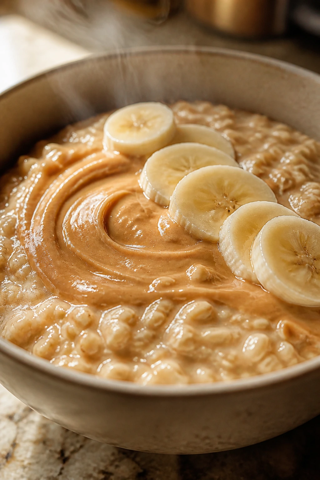 Bowl of oatmeal with peanut butter swirl and banana slices