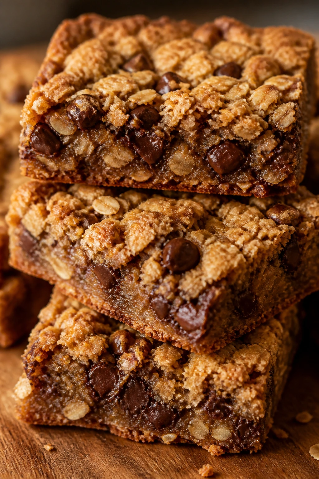 Close-up of oatmeal chocolate chip bars stacked on a cutting board