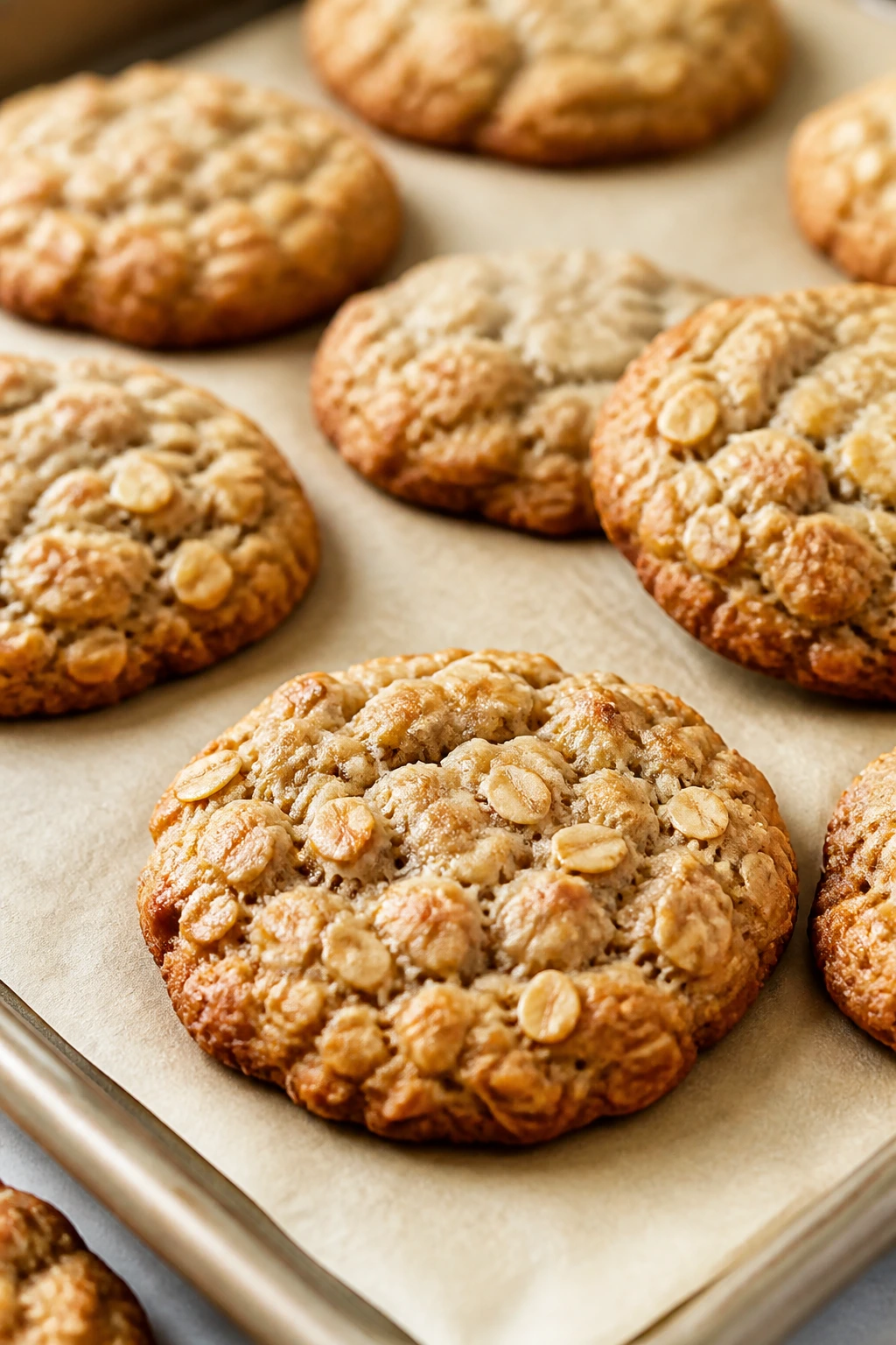 Soft oatmeal breakfast cookies on parchment in a sunny kitchen