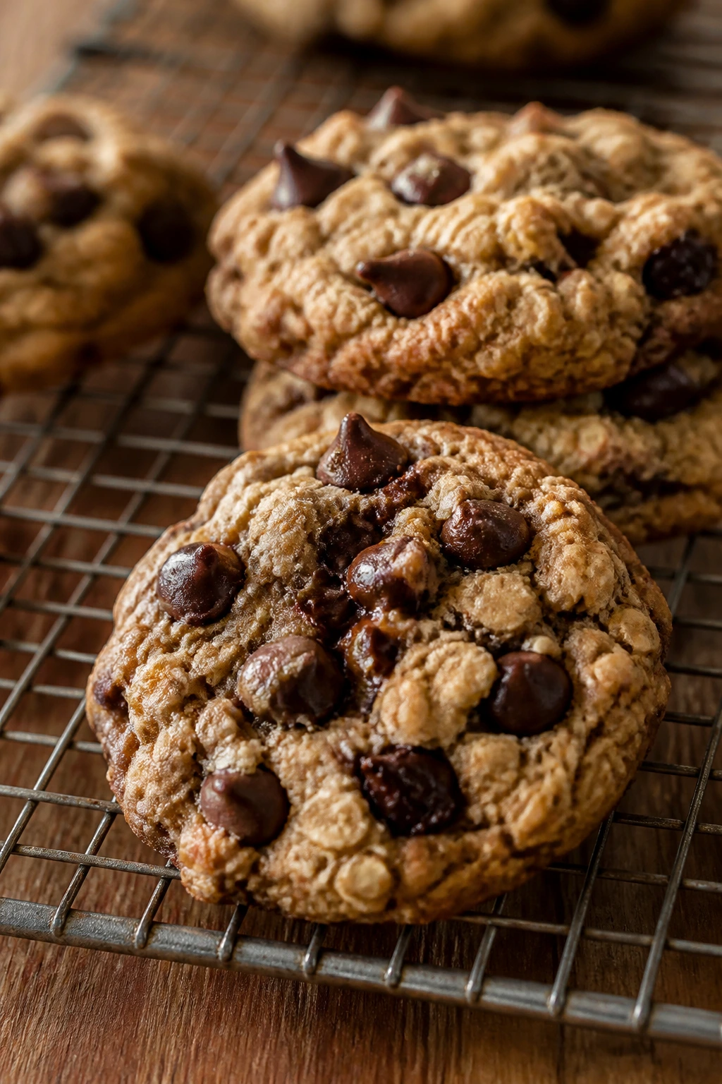 Close-up of thick oatmeal chocolate chip cookies on a rack