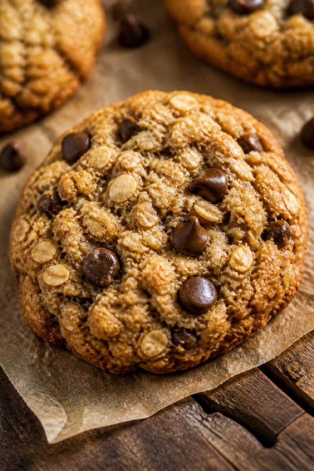 Close-up of an oatmeal chocolate chip cookie on a wooden surface