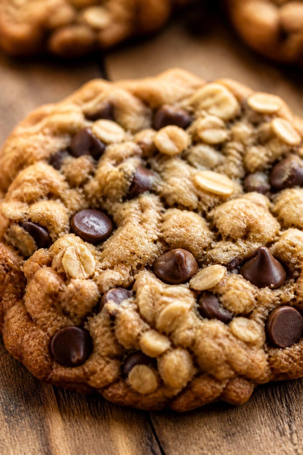Close-up of an oatmeal chocolate chip cookie on a rustic surface