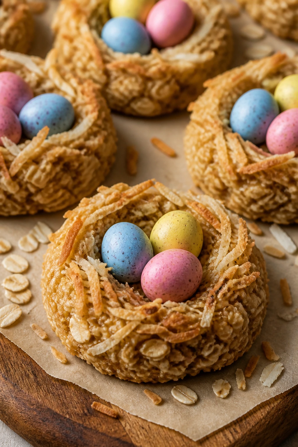 Close-up of oatmeal coconut nest cookies with candy eggs on parchment