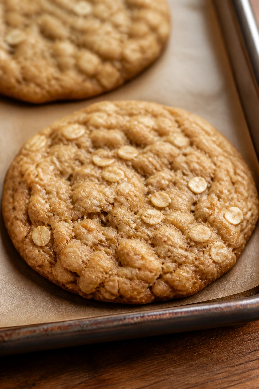 Close-up of an oatmeal sugar cookie with oats on a wooden counter