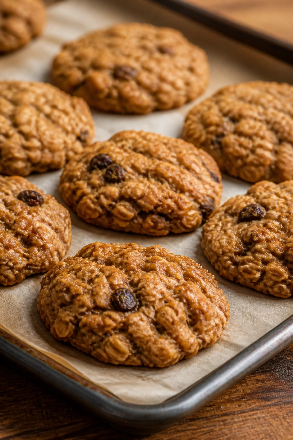 Close-up of oatmeal breakfast cookies on a wooden board in a cozy kitchen