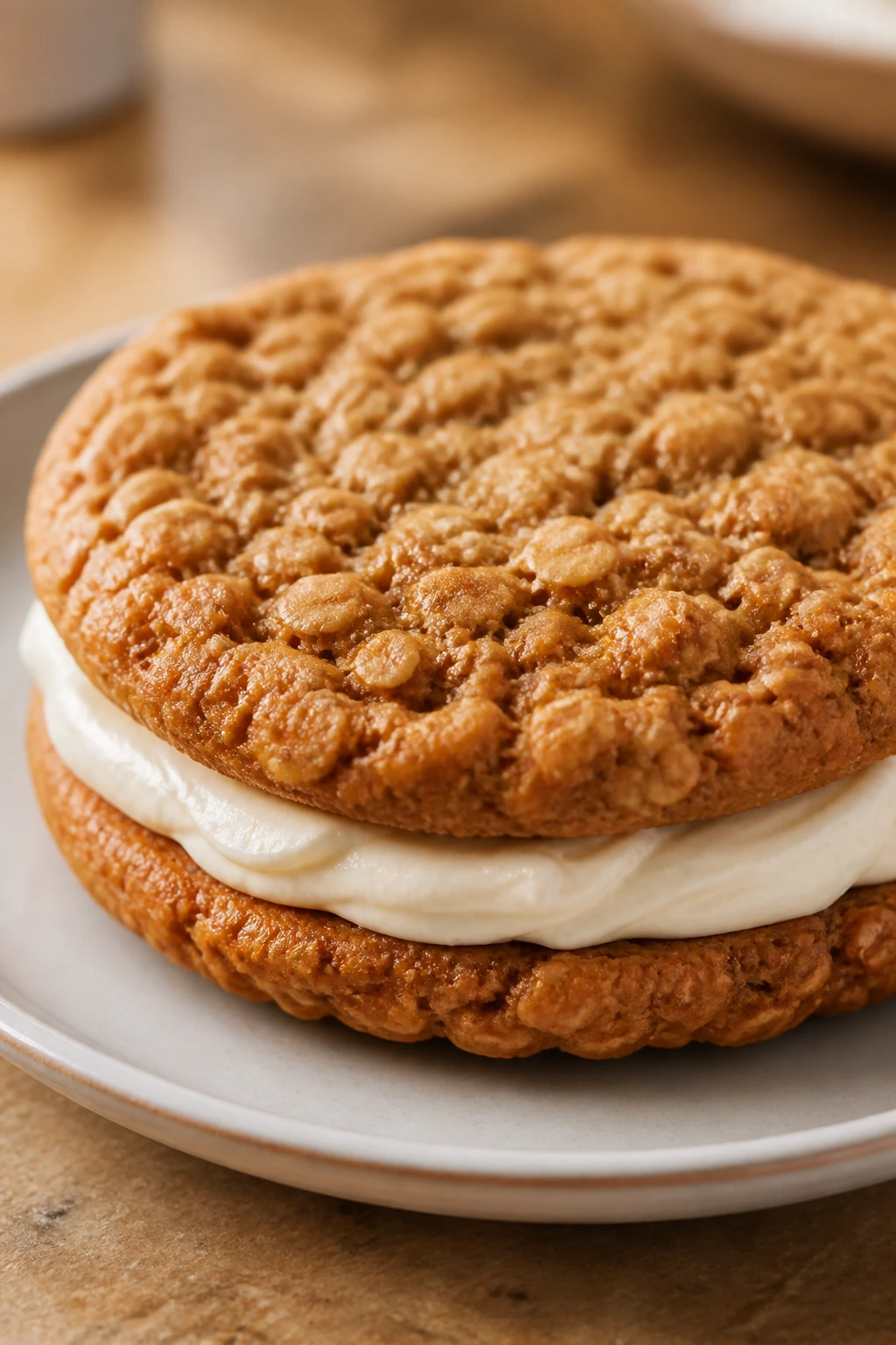 Close-up of oatmeal cream pie cookie sandwich showing oats and creamy filling