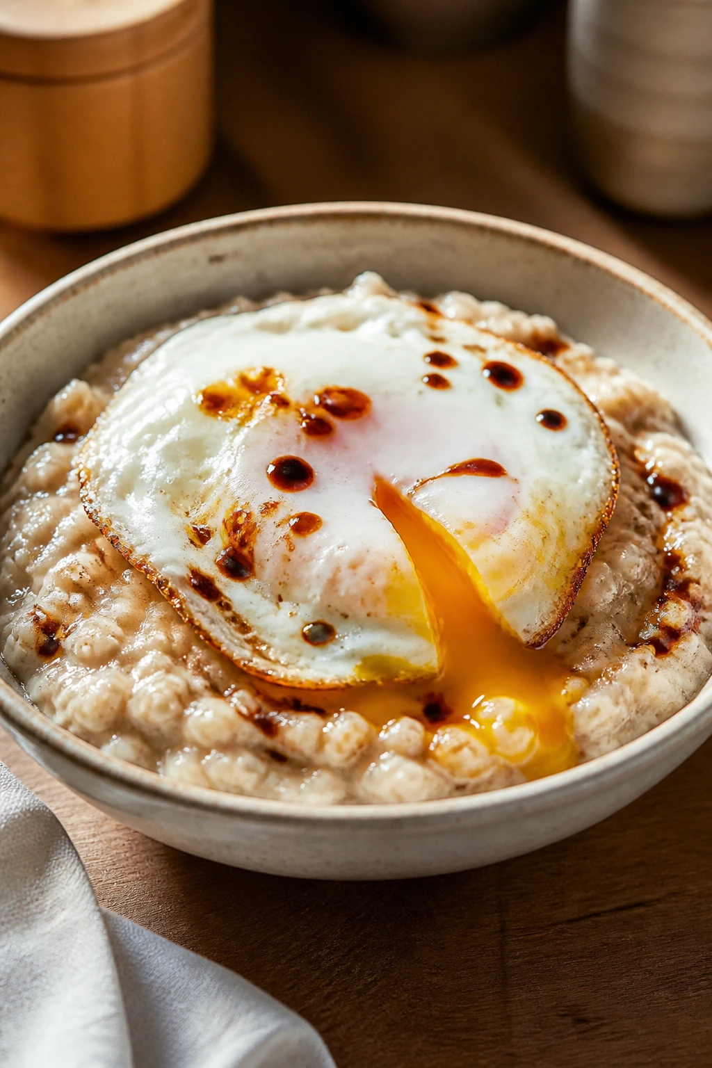 Savory oatmeal with egg and soy sauce in a bowl
