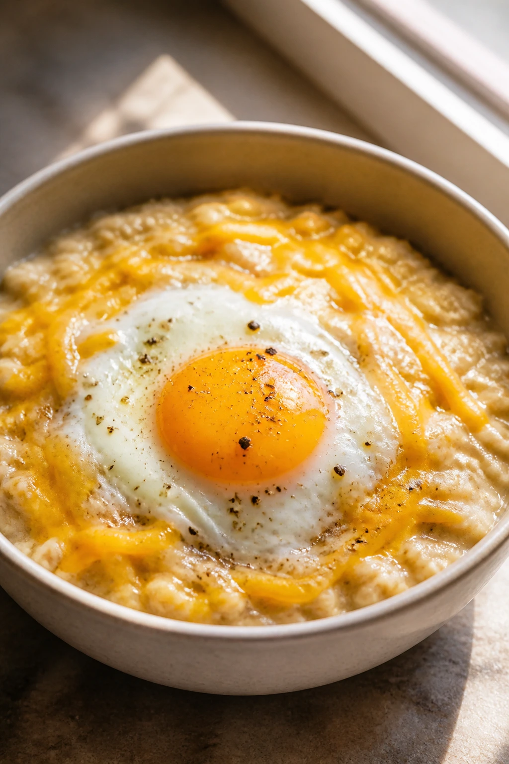 Savory oatmeal with egg and cheese in a bowl on a kitchen counter