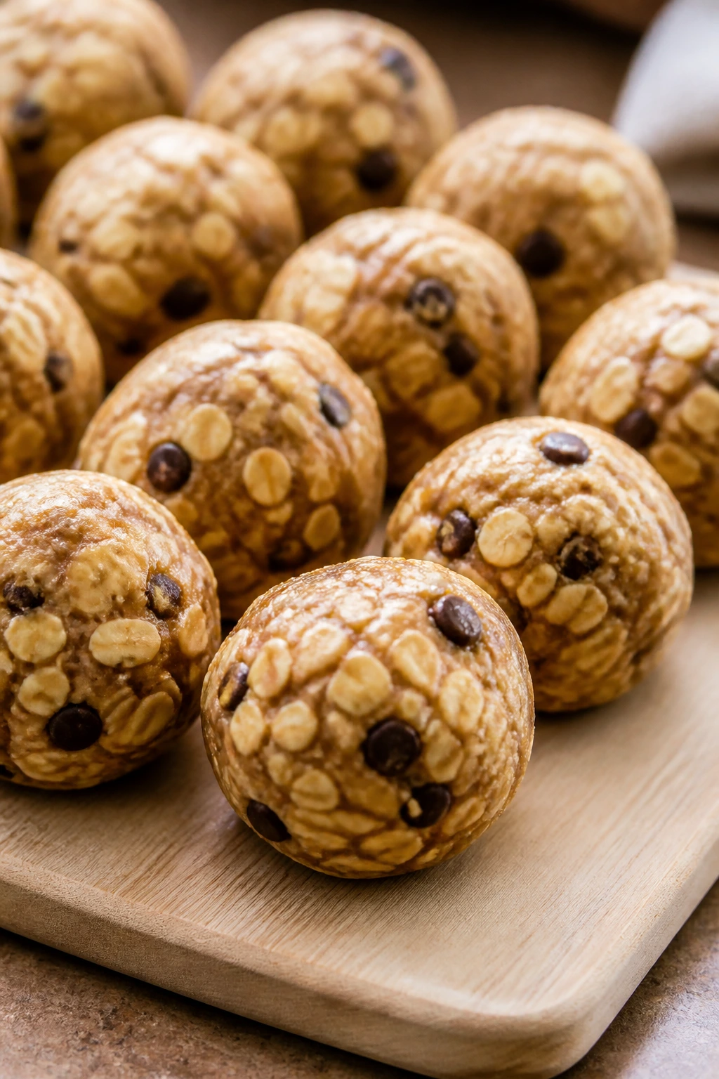 Close-up of oatmeal energy bites on a wooden cutting board