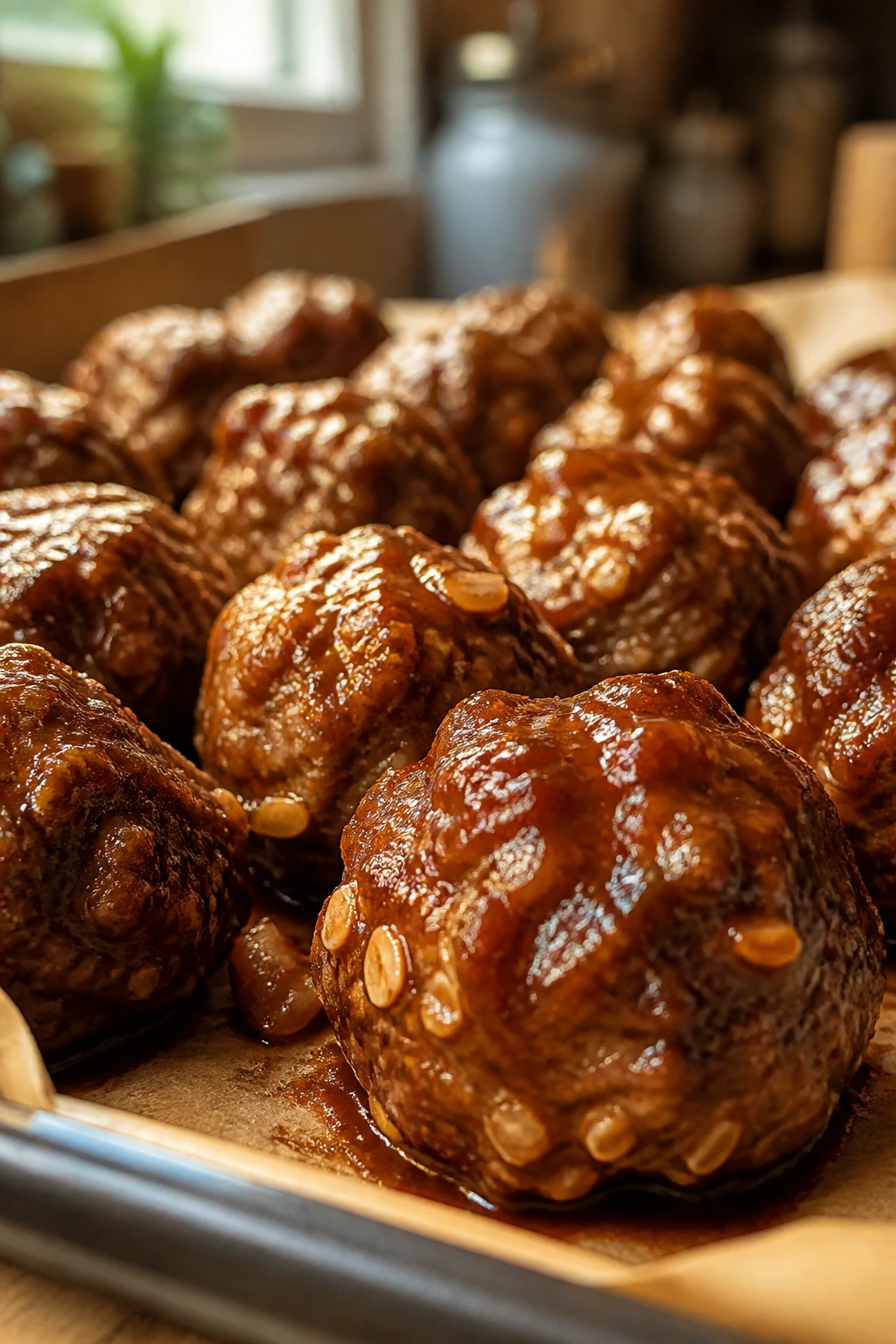 Close-up of oatmeal and onion BBQ meatballs on parchment in a warm kitchen