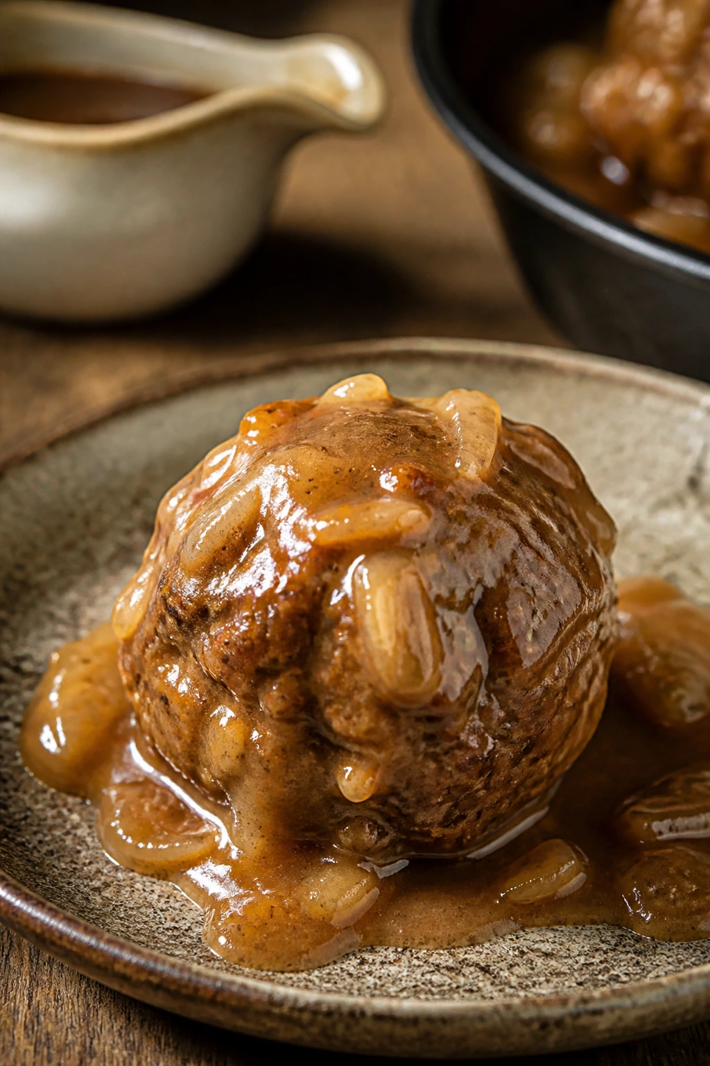 Beef meatball with onion gravy on rustic plate
