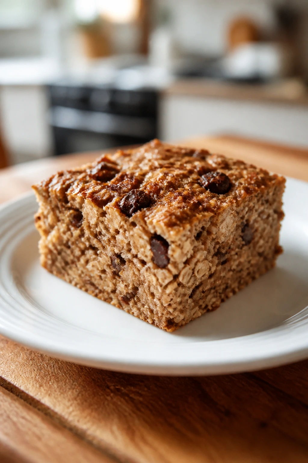 Close-up of a baked protein oatmeal square on a plate