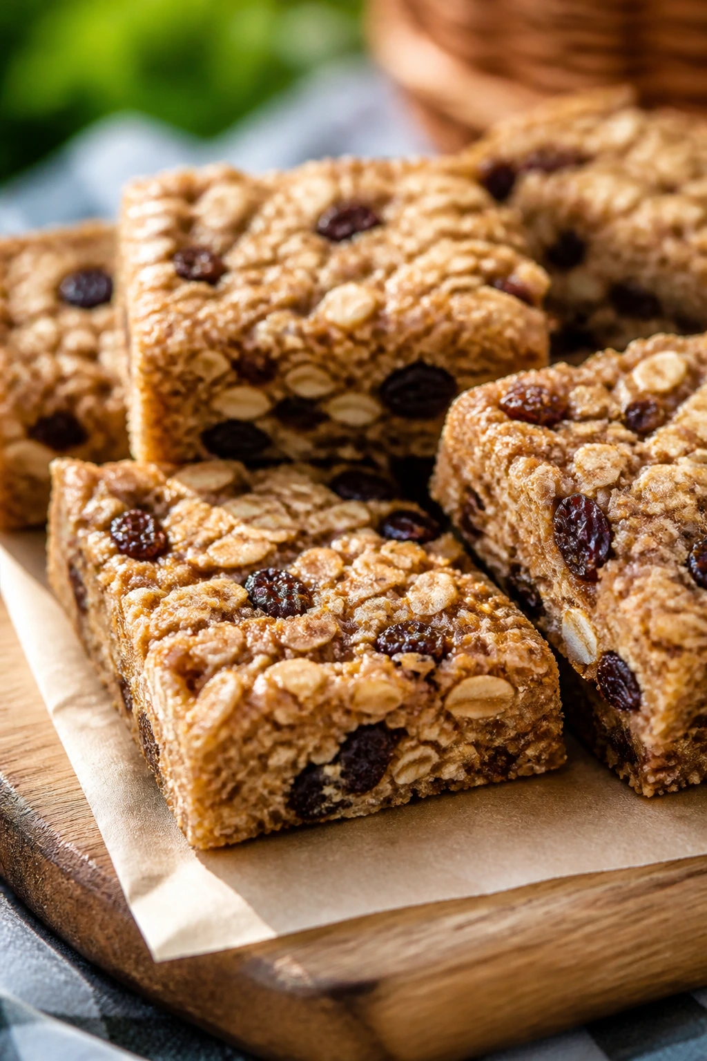 Close-up of oatmeal raisin picnic bars on rustic board