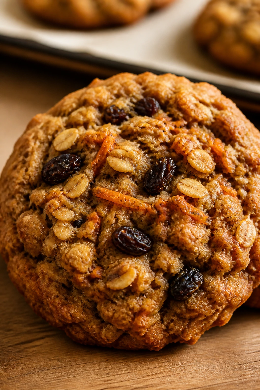 Close-up of a chewy oatmeal raisin carrot spice cookie with oats, carrot bits, and raisins.