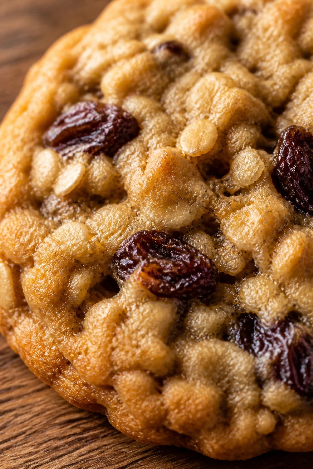 Chewy oatmeal raisin cookie close-up with oats and raisins