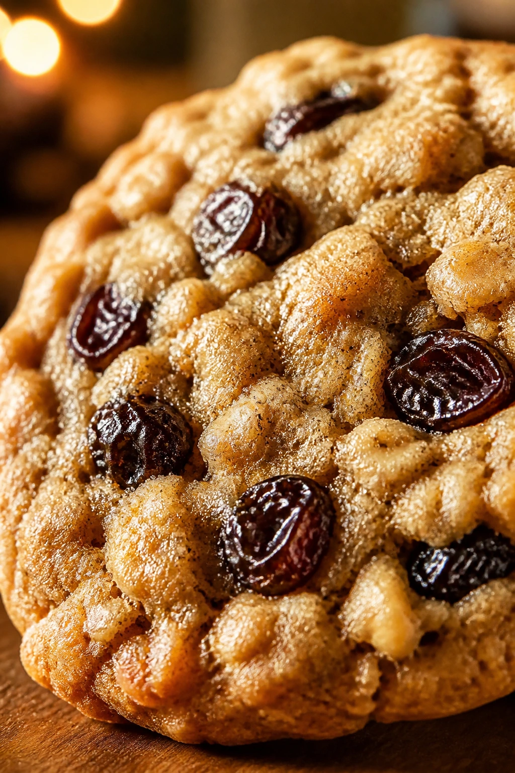 Close-up of a soft oatmeal raisin cookie on a wooden counter