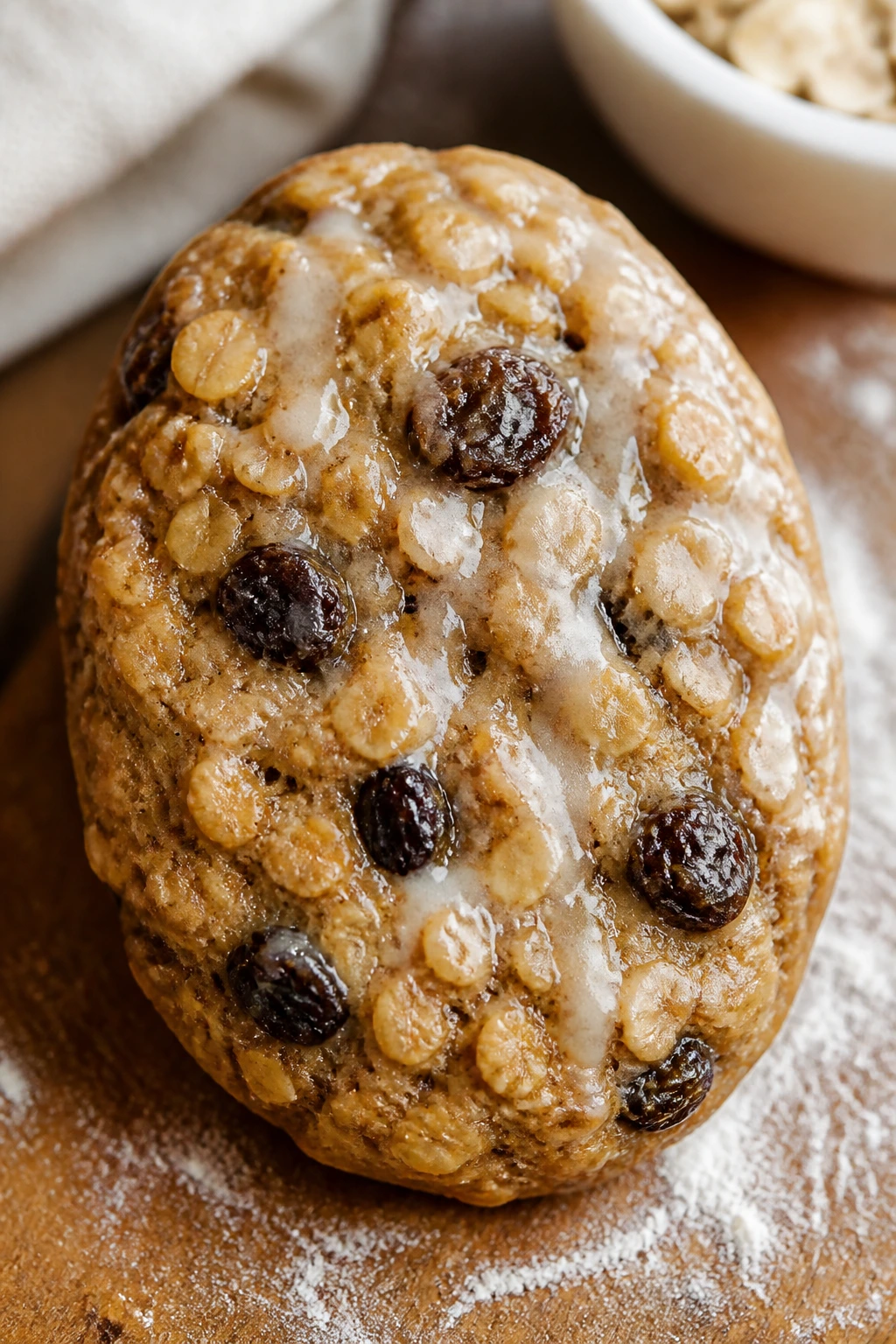 Close-up of oatmeal raisin Easter egg cookie with oats and raisins