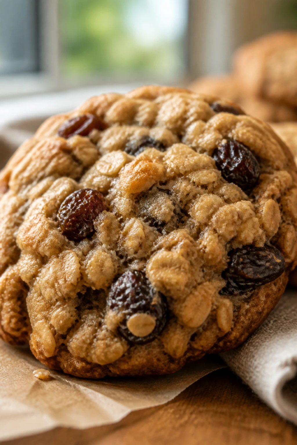 Close-up of oatmeal raisin cookie with oats and raisins