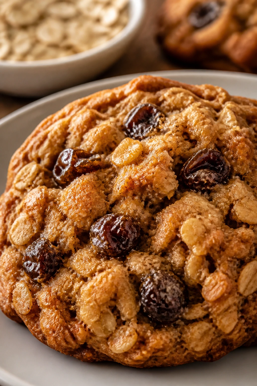 Close-up of oatmeal raisin cookie with visible oats and raisins