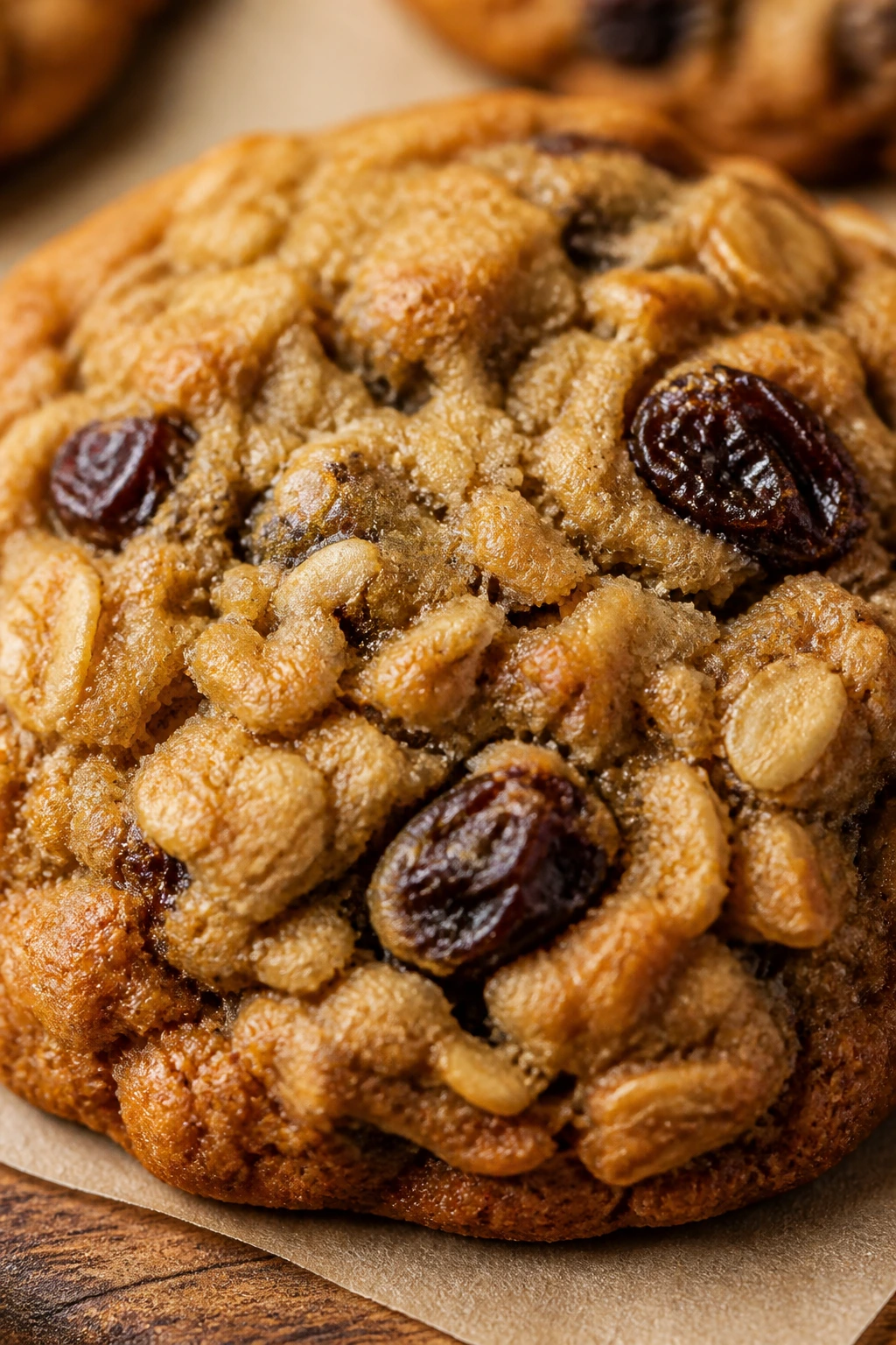 Close-up of a chewy oatmeal raisin cookie with oats and raisins