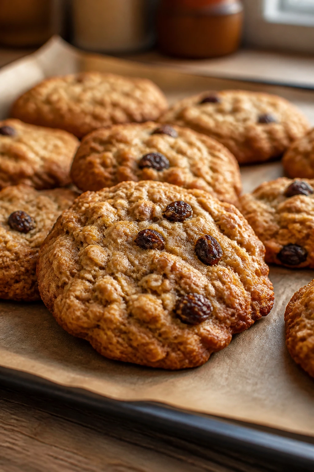 Close-up of chewy oatmeal raisin cookies on a parchment-lined sheet in a warm kitchen