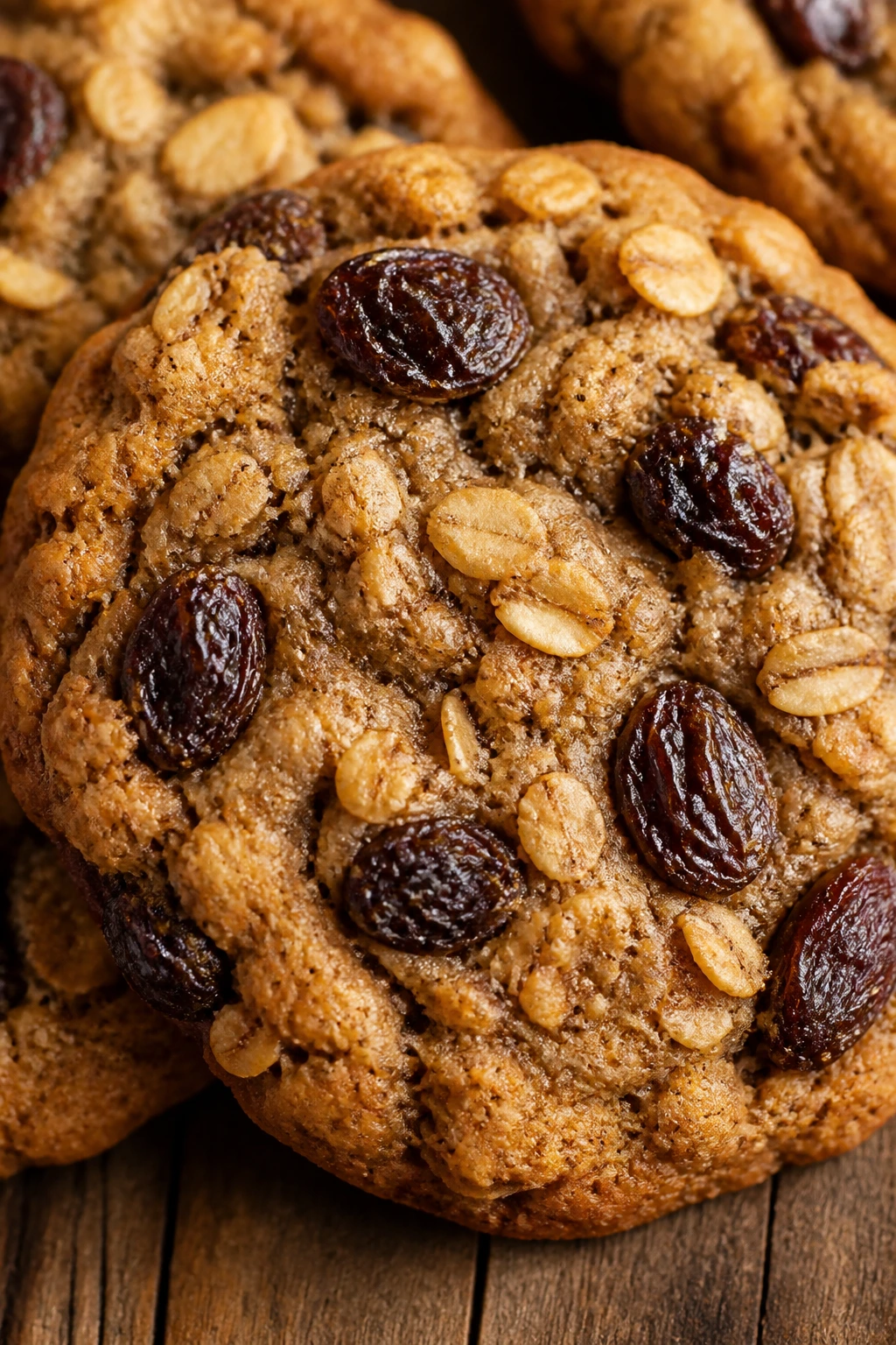 Chewy oatmeal raisin cookie with oats and raisins visible.