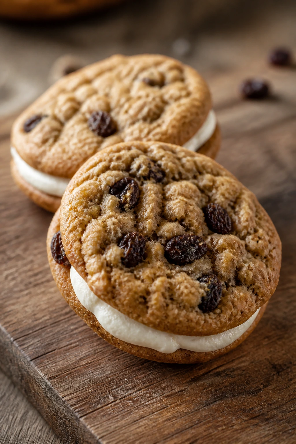 Close-up of two oatmeal raisin sandwich cookies with vanilla filling on wooden counter