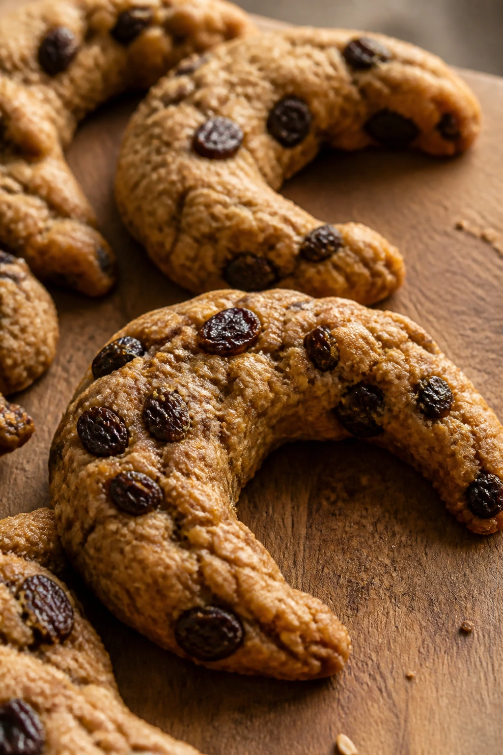 Close-up of crescent-shaped oatmeal raisin moons on a wooden surface