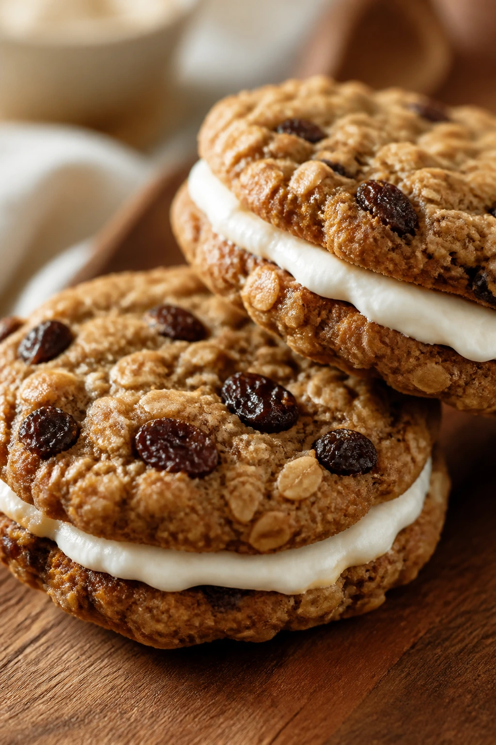 Two oatmeal raisin sandwich cookies with cream cheese filling